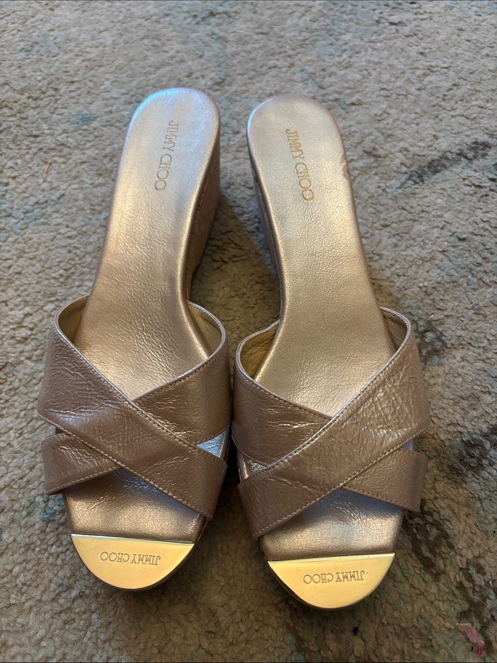 Jimmy Choo Metallic Taupe Crisscross Wedge Slide Sandals